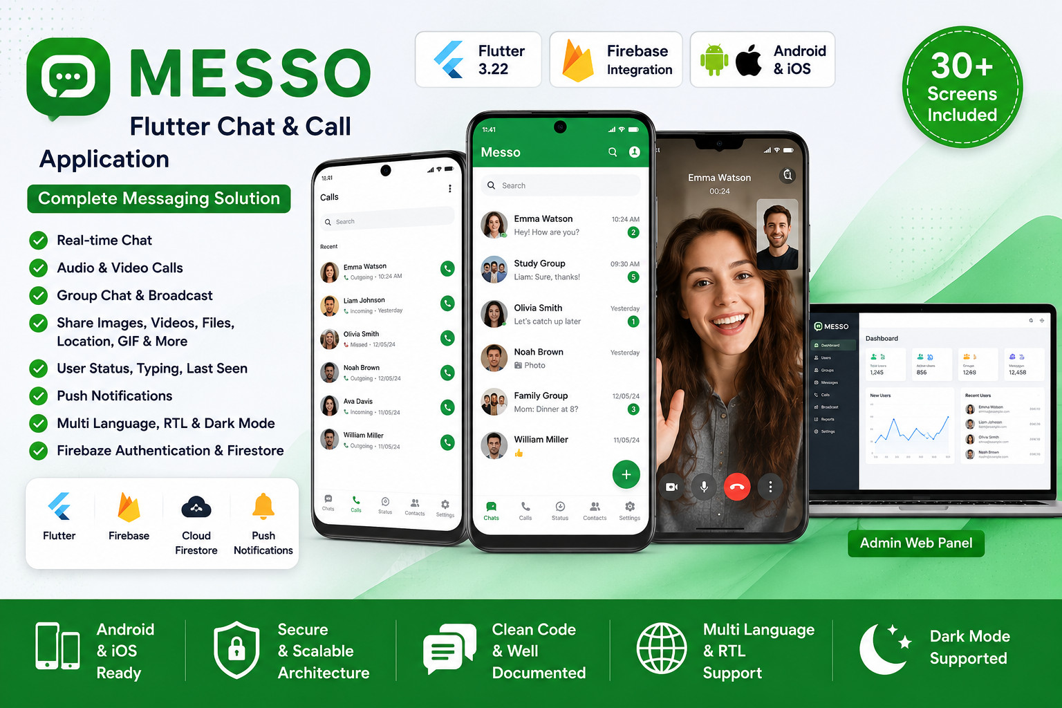 Messo – Flutter Messaging, Chat + Video Call App | Android & iOS | Admin Panel