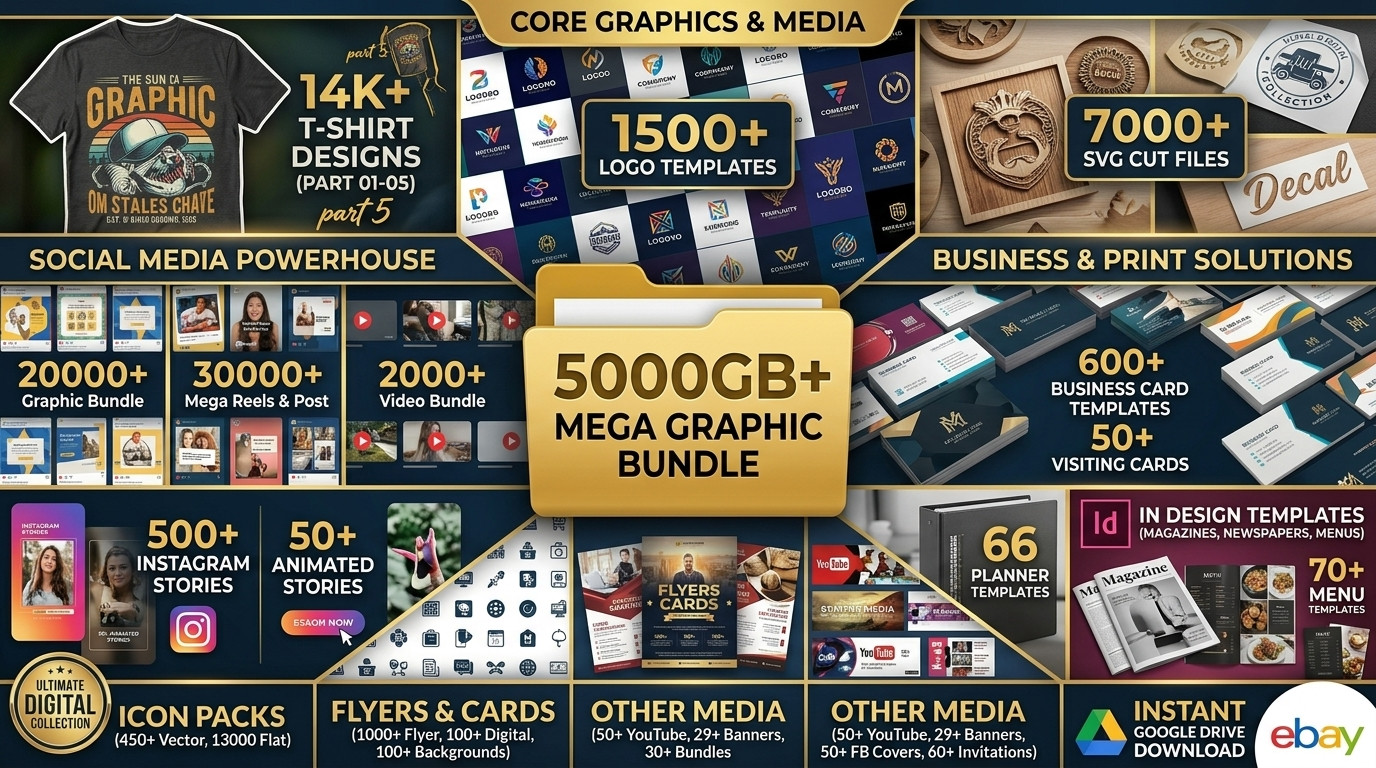 ULTIMATE 5000GB+ DIGITAL GRAPHIC BUNDLE | 14K T-SHIRT DESIGNS | 1500 LOGOS | SVG