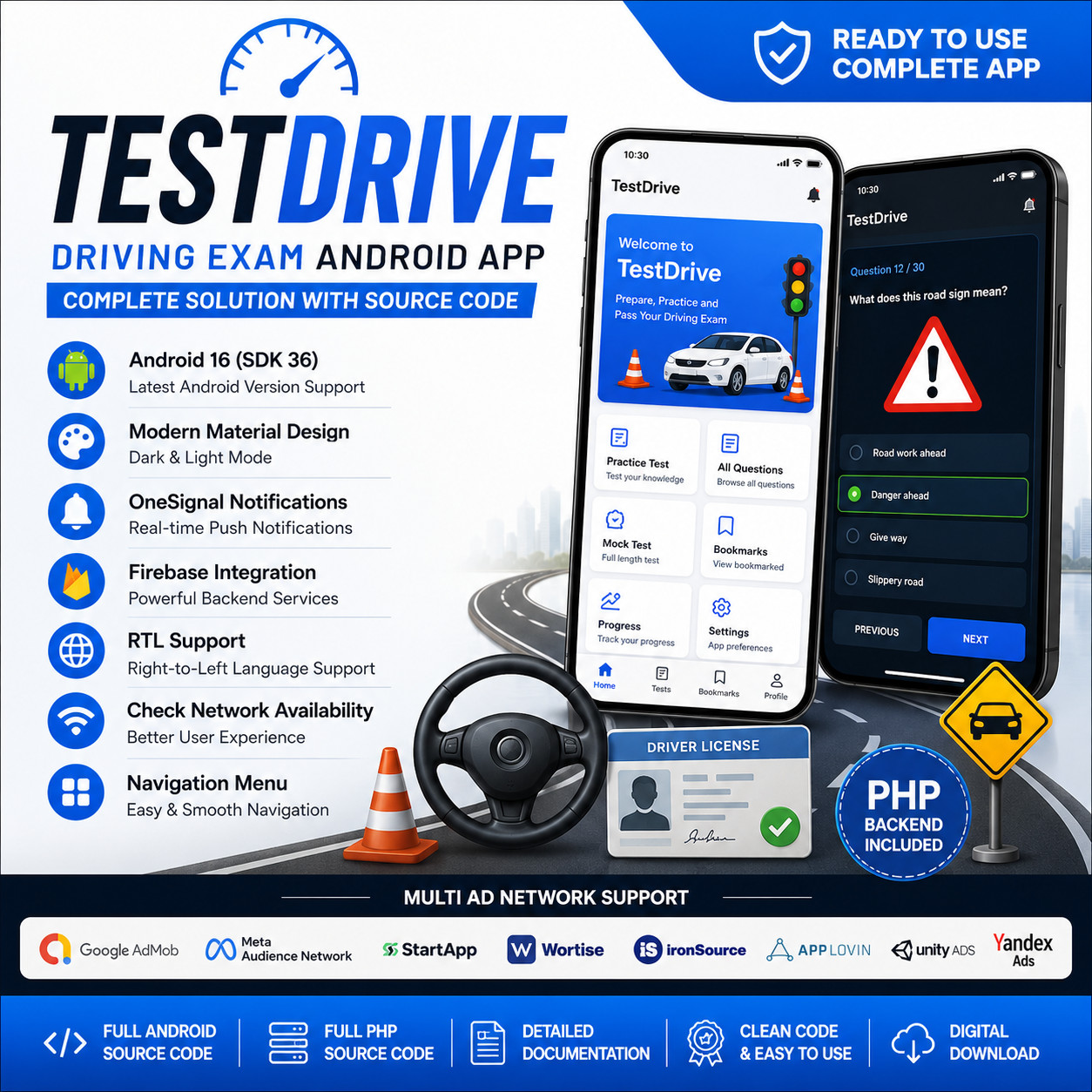 TestDrive – Driving Exam Android App | PHP Admin Panel | Firebase | Customizable