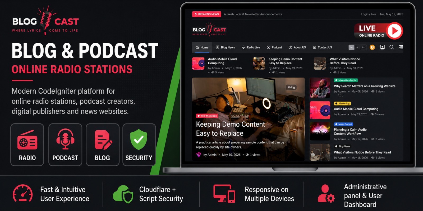 Radio Station and News Blog Website with 1 free month streaming hosting included