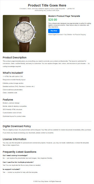 One Page HTML Template | Editable Website Template | Digital Downlooad