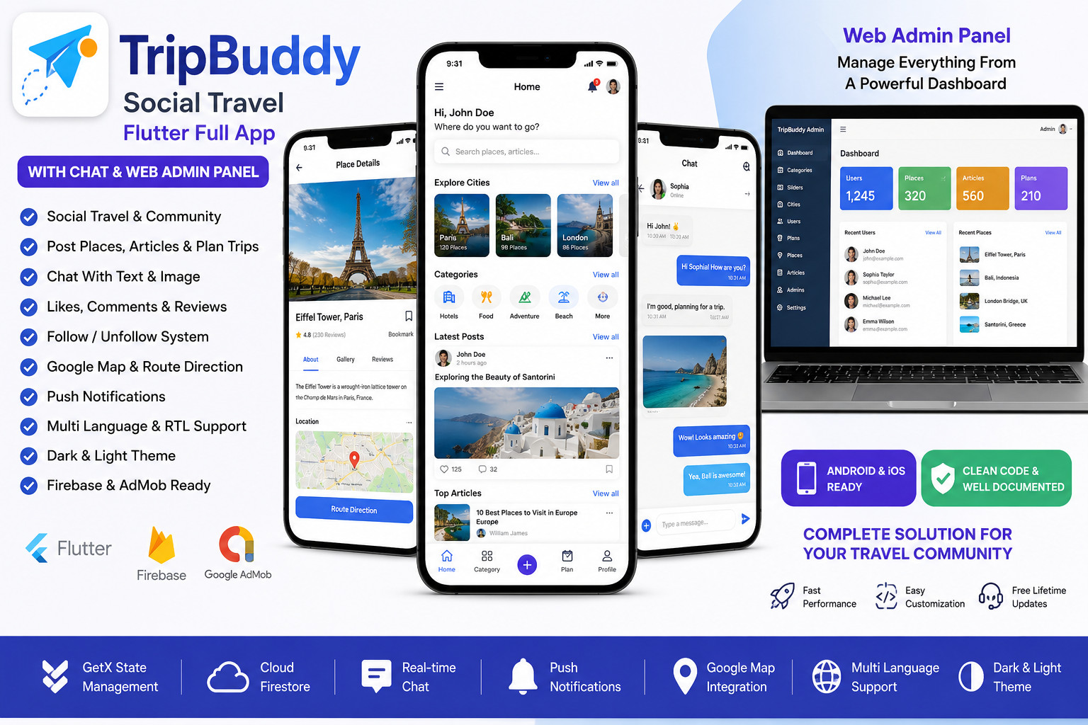 TripBuddy – Social Travel Flutter App | Chat, Firebase, Admob | Web Admin Panel