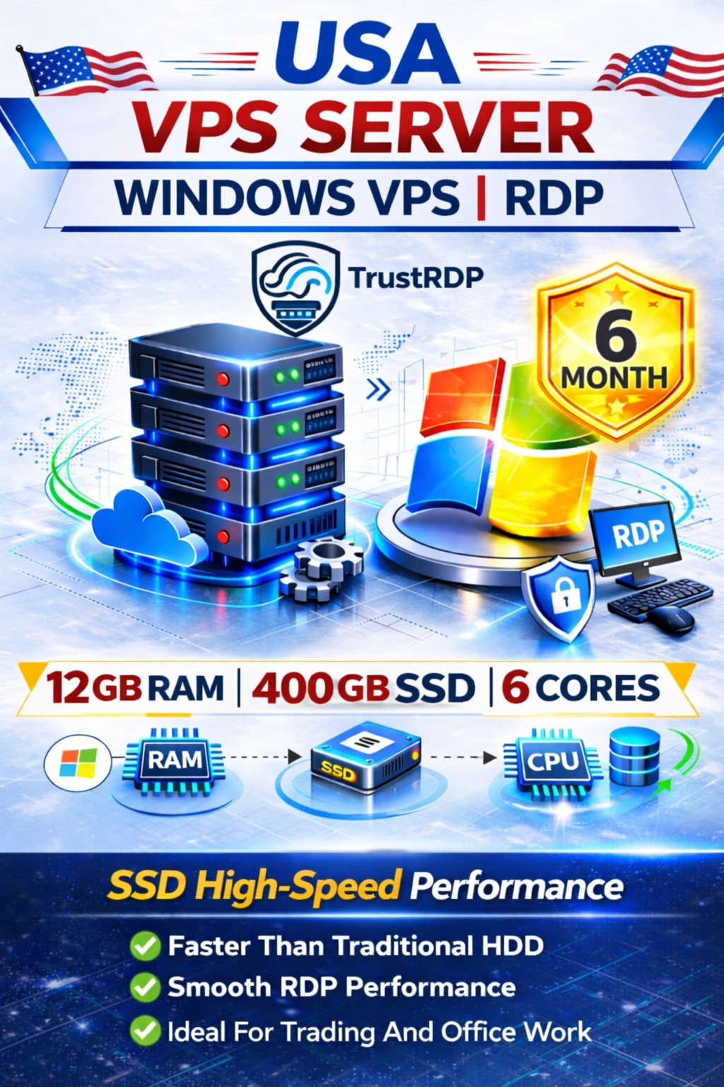 Windows VPS RDP Server 12GB RAM 400GB SSD 6 Month Fast Remote Desktop Hosting