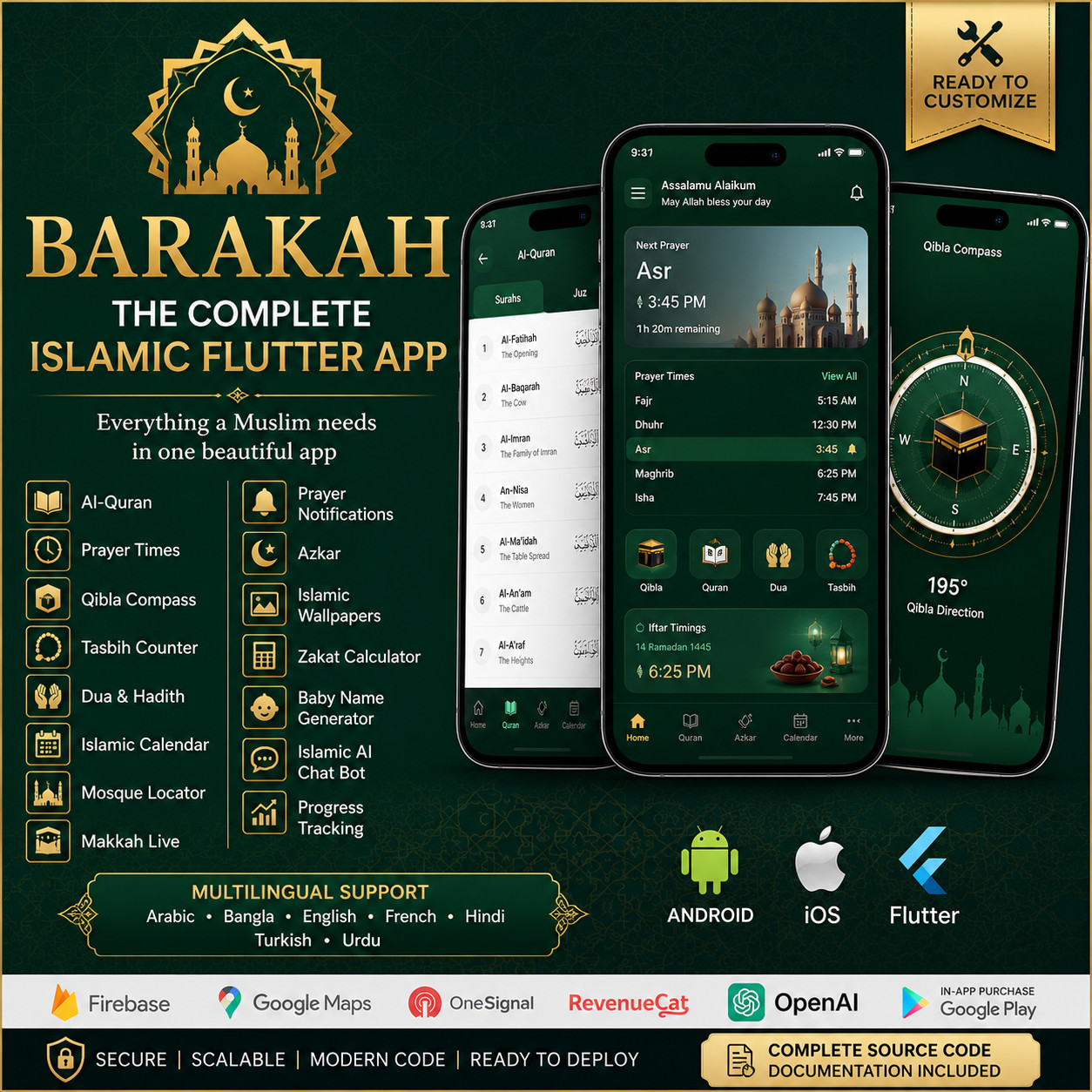 Barakah Complete Islamic Flutter App | Quran, Prayer, Qibla, AI Chat & More