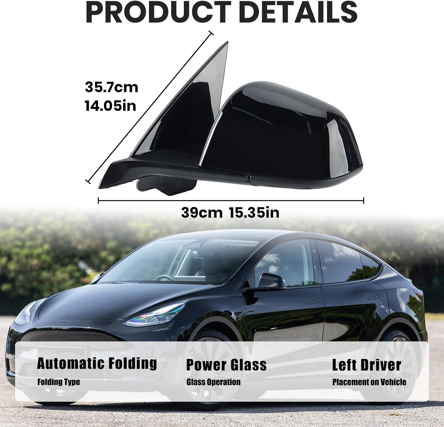 Left Driver Side Mirror Compatible with Tesla Model Y 2020-2024 Replacement 1594