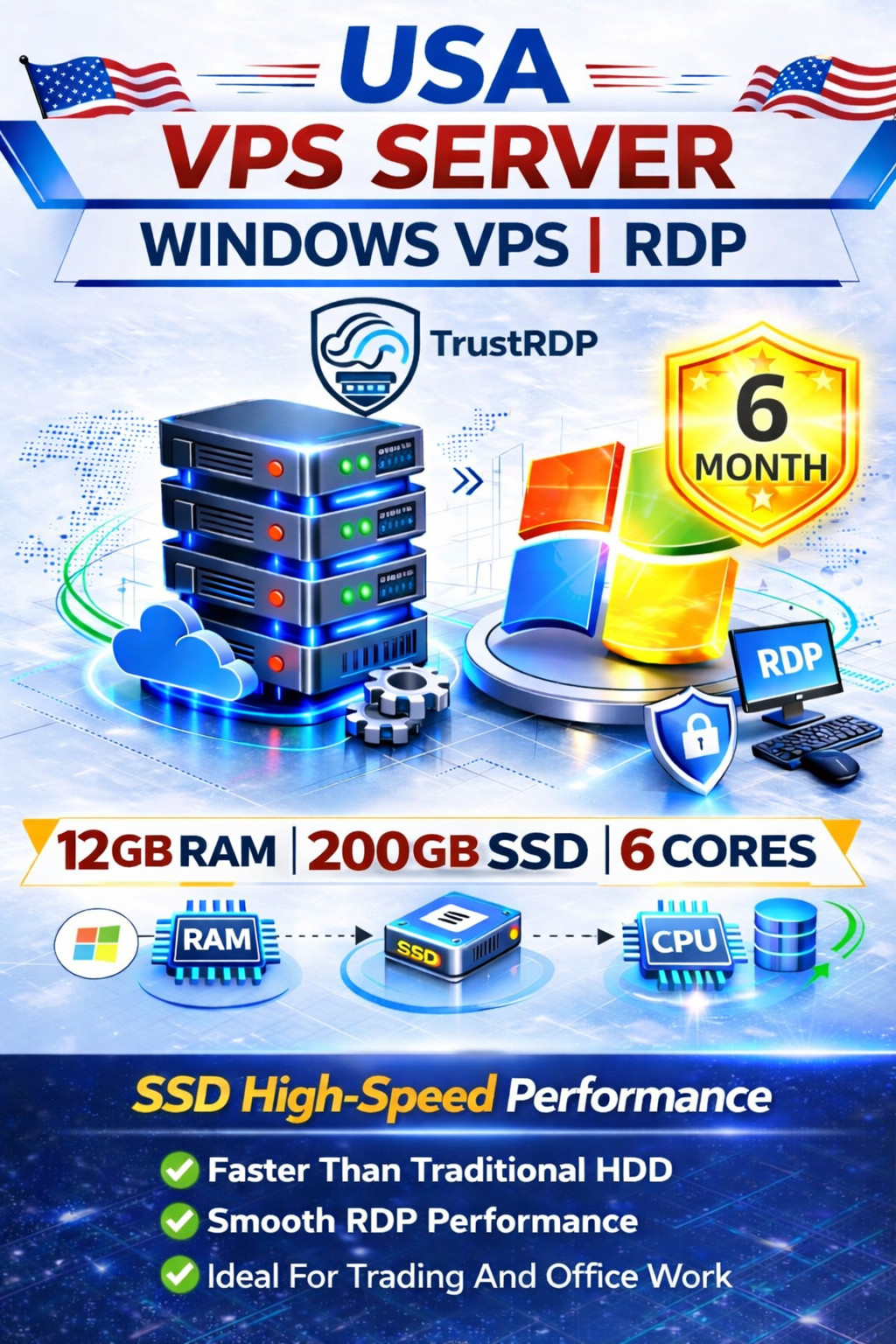 Windows VPS RDP Server 12GB RAM 200GB SSD 6 Month Fast Remote Desktop Hosting