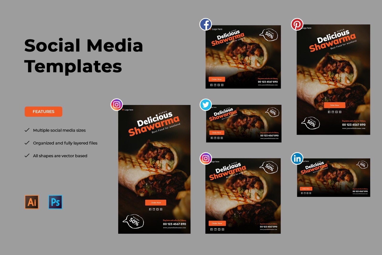 Delicious Shawarma Social Media Marketing Templates