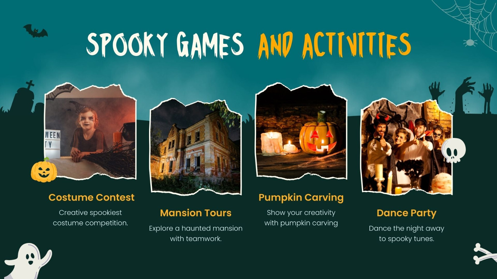 Website Landing Pages- Green and Orange Illustrated Halloween Party Presentation